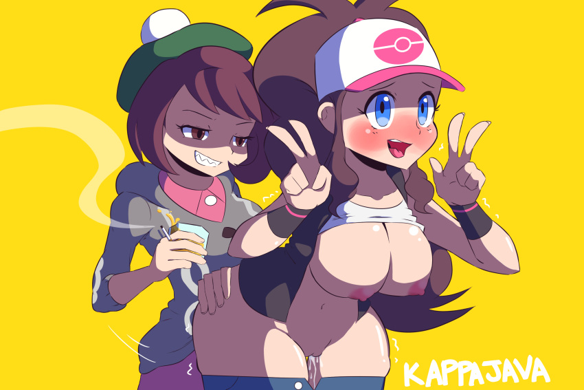 1futa 1girls alternate_breast_size areolae artist_signature big_breasts blue_eyes blush breasts brown_eyes brown_hair clothed_sex female futa_on_female futanari gloria_(pokemon) hat hilda_(pokemon) kappajava large_breasts long_hair minishorts nintendo nipples peace_sign pokemon pokemon_bw pokemon_ss short_hair shorts shorts_down thick_thighs thighs vaginal_penetration vaginal_sex yellow_background