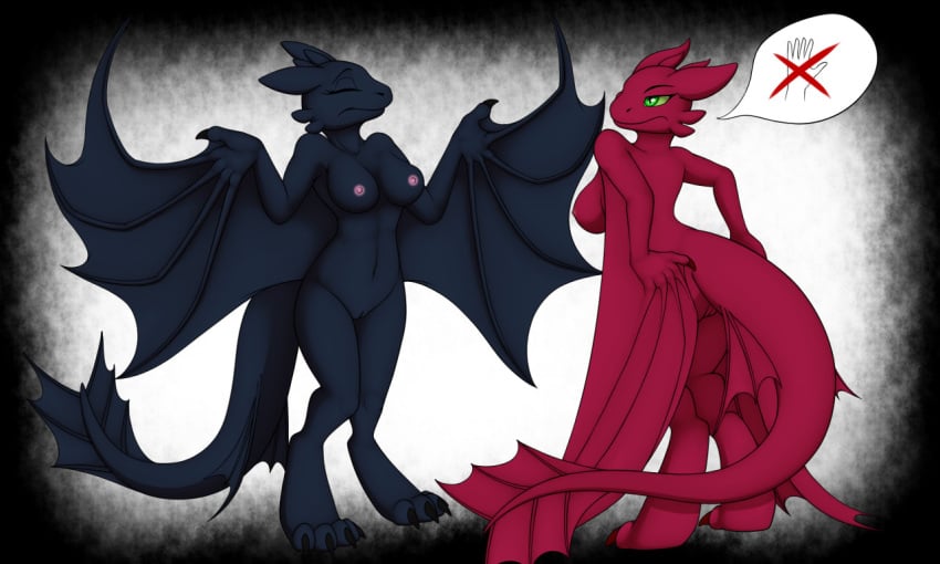 2020 5:3 after_transformation anthro ass black_body breasts colored dragon duo european_mythology female furry genitals gesture horn membrane_(anatomy) membranous_wings mythological_creature mythological_scalie mythology nipples nude pussy red_body scalie shrug speech_bubble standing tail tomek1000 western_dragon wings wyvern