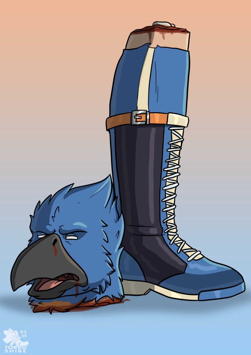 absurd_res animal_mask anthro avian bad_end bird blood bluebird bodily_fluids boots clothing corpse death decapitation eastern_bluebird footwear gore hi_res humanoid male male_death mask neptune_mereaux not_porn oscine passerine severed_body_part severed_head severed_limb shibemangle shoes snuff sports_mask sportswear thrush_(bird) wrestler wrestling_boots wrestling_mask wrestling_outfit