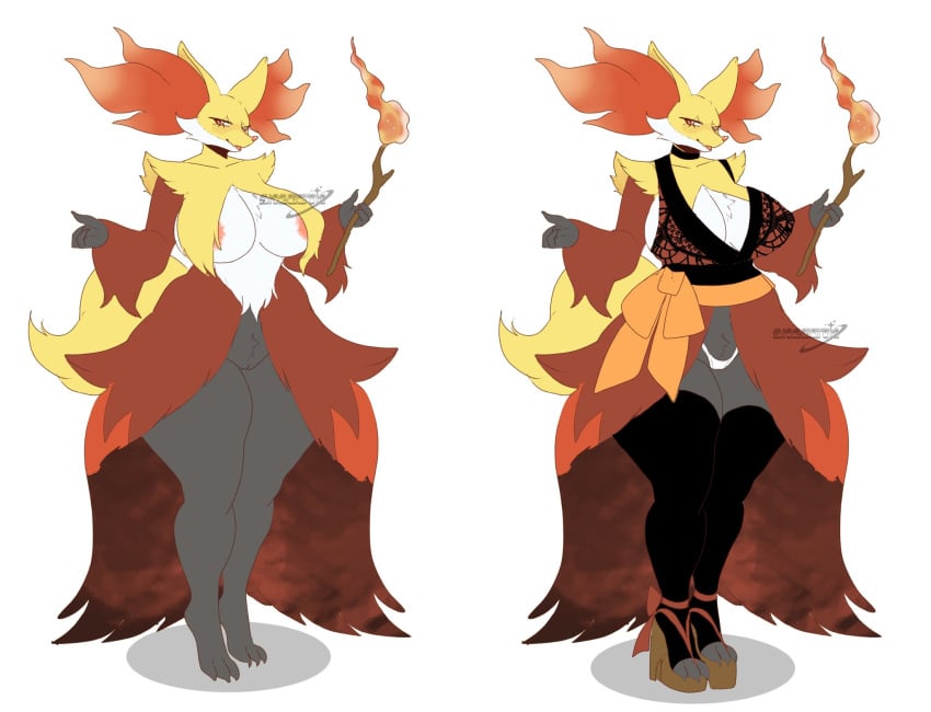 2024 3_fingers 3_toes anthro areola big_breasts biped black_choker black_clothing black_jewelry black_legwear black_necklace black_thigh_highs breasts cheek_tuft chest_tuft choker clothed clothed_anthro clothed_female clothing delphox digital_drawing_(artwork) digital_media_(artwork) facial_tuft feet female female_anthro fingers footwear front_view full-length_portrait fur gatoradeew generation_6_pokemon genitals grey_hands hi_res huge_breasts inner_ear_fluff jewelry legwear looking_aside multicolored_body multicolored_fur necklace nintendo nude nude_anthro nude_female open_mouth open_smile orange_body orange_fur orange_inner_ear_fluff panties pink_areola pokemon pokemon_(species) portrait pussy shoes simple_background smile solo standing tail thick_thighs thigh_highs toes tuft underwear white_background white_body white_clothing white_fur white_panties white_underwear yellow_body yellow_ears yellow_fur yellow_tail