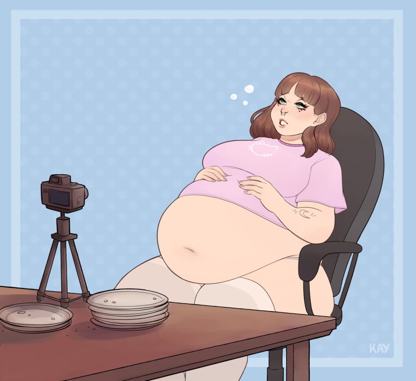 2023 after_eating arm_tattoo art_trade bangs belly belly_overhang belly_rest big_belly big_breasts big_thighs black_eyeshadow bloated bloated_belly blunt_bangs blush breasts breasts_apart brown_hair brown_hair_female bubble bubbles camera chair colored crescent_moon crescent_moon_(marking) deep_skin digital_art e-girl egirl empty_plates expansion expansion_fetish exposed_belly exposed_fat_belly exposed_thighs eyeliner eyeshadow facial_mark fat fat_female fat_fetish fat_woman feedee feederism filming flushed gluttony green_eyes hands_on_belly hands_on_own_belly heart_(symbol) heart_facial_mark hello_kitty_(series) high_res high_resolution highres huge_belly kay_inthedark kb_(tummyspilled) kneehighs leaning_back light-skinned_female light_skin looking_pleasured looking_up makeup medium_hair navel nose_piercing nose_ring obese obese_female oc office_chair original_character outgrowing_clothes overweight overweight_female painted_fingernails painted_nails panty_peek parted_lips partially_clothed partially_clothed_female piercing pink_fingernails pink_nails pink_panties pink_shirt pink_t-shirt plate plates pleasure_face pleasured pleasured_female recording recording_device septum_piercing septum_ring shirt signature simple_background sitting sitting_on_chair skindentation spillage star_(symbol) star_tattoo striped_kneehighs stuffed stuffed_belly stuffing t-shirt table tattoo tattoo_on_arm tattooed_arm tight_shirt tight_t-shirt tripod tummyspilled undersized_clothes weight_gain weight_gain_female white_kneehighs