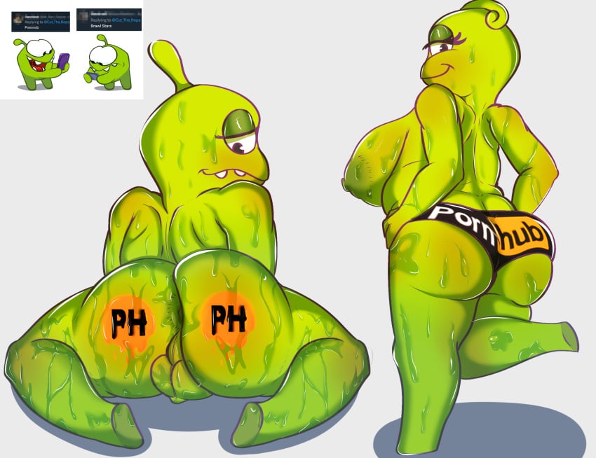 alien amogus animal_humanoid anthro anus areola ass balls belly big_belly big_breasts big_butt blush bodily_fluids bottomwear breasts chubby_cheeks clothed clothing cut_the_rope digital_media_(artwork) duo english_text female genital_fluids genitals green_body hi_res huge_breasts huge_butt humanoid jirafona looking_at_viewer male male/female meme nipples not_furry nude obese obese_anthro om_nelle om_nom overweight overweight_anthro overweight_male painting pornhub promotional_material simple_background slightly_chubby slightly_chubby_anthro slightly_chubby_male smile smiling_at_viewer solo sweat sweaty_body teeth text thick_thighs white_background wide_hips
