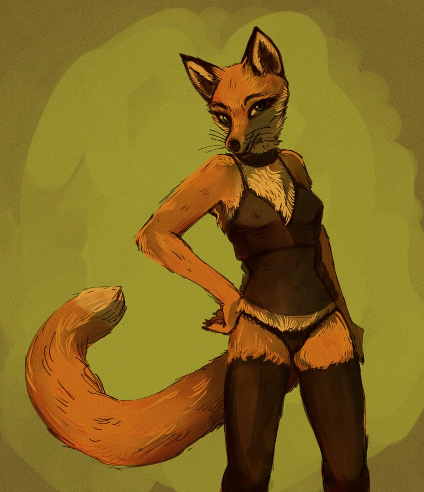 2025 5_fingers anthro areola biped black_camisole black_choker black_claws black_clothing black_ears black_eyebrows black_jewelry black_legwear black_necklace black_nose black_panties black_thigh_highs black_underwear black_whiskers blue_eyes breasts camel_toe canid canine choker claws clothed clothed_anthro clothed_female clothing currentlytr_ash dipstick_tail eyebrows eyelashes fantastic_mr._fox female female_anthro finger_claws fingers fox front_view fur green_background hand_on_hip hand_on_own_hip head_turned hi_res jewelry legwear lingerie mammal markings medium_breasts mouth_closed mrs._felicity_fox multicolored_body multicolored_fur necklace nipples orange_body orange_fur orange_tail panties pink_areola pink_nipples portrait red_fox simple_background snout solo standing tail tail_markings tan_body tan_fur tan_inner_ear tan_tail tan_tail_tip thigh_highs three-quarter_portrait translucent translucent_clothing true_fox two_tone_body two_tone_fur two_tone_tail underwear whiskers