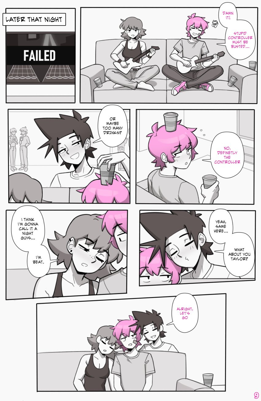 1girls 2boys black_hair blush breasts comic crossed_legs drinking dross drunk drunk_bubble english_text female femboy guitar guitar_hero head_on_shoulder jacob_(dross) leaning male monochrome party pink_hair roxanne_(dross) sofa tank_top taylor_(dross) text text_box