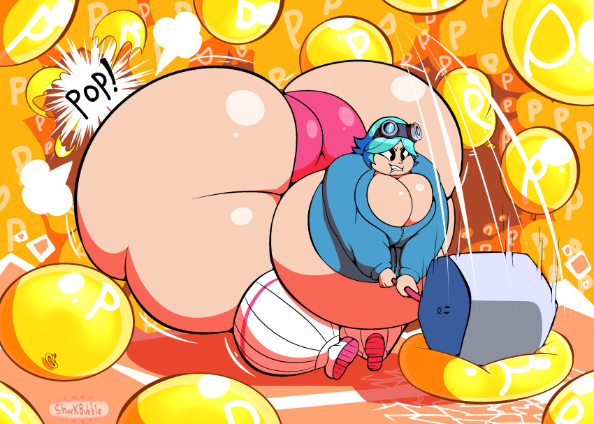 ass balloon blue_hair breasts butt_expansion cleavage expansion female female_focus female_only full_body_inflation goggles goggles_on_head gym_shorts hammer hyper_ass hyper_butt inflation jacket large_ass large_breast large_butt mario_(series) p-balloon power_up ramona_flowers scott_pilgrim sharkbubble sledgehammer socks solo super_mario_world thick_thighs thighs