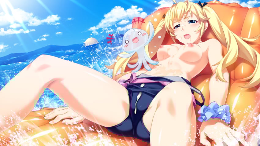 :o ahoge bare_shoulders blonde_hair blue_eyes blue_ribbon blue_scrunchie blue_sky blush blush_stickers breasts camel clothes_pull cloud cum cum_on_body cum_on_breasts cum_on_clothes cum_on_pussy cum_on_stomach day drooling dutch_angle facial feet_out_of_frame female fingernails floating floating_hair furrowed_brow game_cg grisaia_(series) grisaia_no_kajitsu hair_flaps hair_ribbon half-closed_eyes highres jellyfish light_rays long_eyelashes long_fingernails long_hair lying matsushima_michiru medium_breasts narrowed_eyes nipples non-web_source notice_lines o_o ocean on_back one-piece_swimsuit_pull open_mouth outdoors partially_undressed reclining ribbon school_swimsuit scrunchie sidelocks skindentation sky solo sparkling_eyes splashing spread_legs sunbeam sunlight swimsuit thick_eyelashes thighs three_quarter_view twintails watanabe_akio water waving_arms wrist_scrunchie