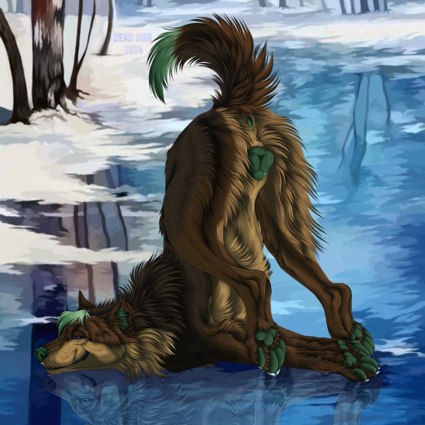 1:1 2024 animal_genitalia animal_pussy anus artist_name ass_up brown_body brown_fur canid canine canine_genitalia canine_pussy cheek_tuft dated day facial_tuft female feral fur genitals glistening glistening_eyes green_anus green_hair green_pawpads green_pussy hair hi_res ice leg_tuft lying mammal mouth_closed msdeadsoul narrowed_eyes neck_tuft on_front outside pawpads plant purple_eyes pussy short_hair side_view snow solo tan_body tan_fur text tree tuft