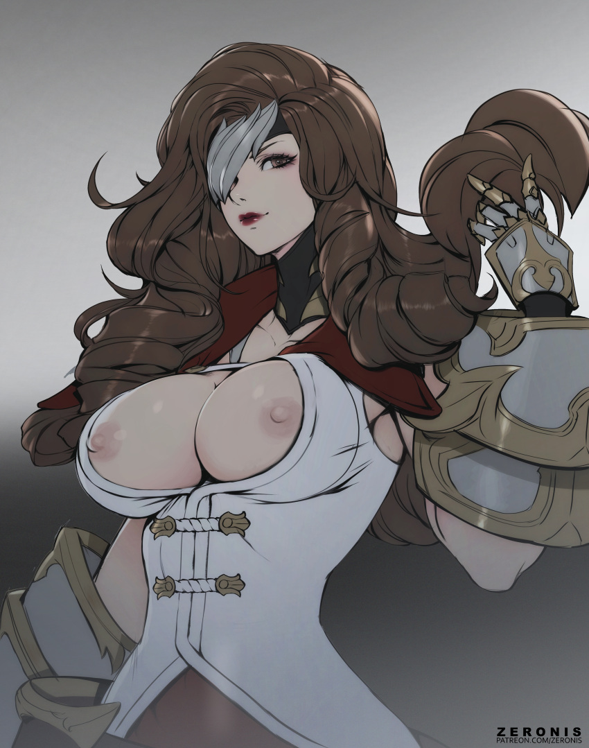 areolae beatrix_(final_fantasy) breasts breasts_out brown_eyes brown_hair cupless_clothes cupless_top drill_hair eyepatch final_fantasy final_fantasy_ix gauntlet lipstick long_hair nipples open_bra red_lipstick simple_background zeronis