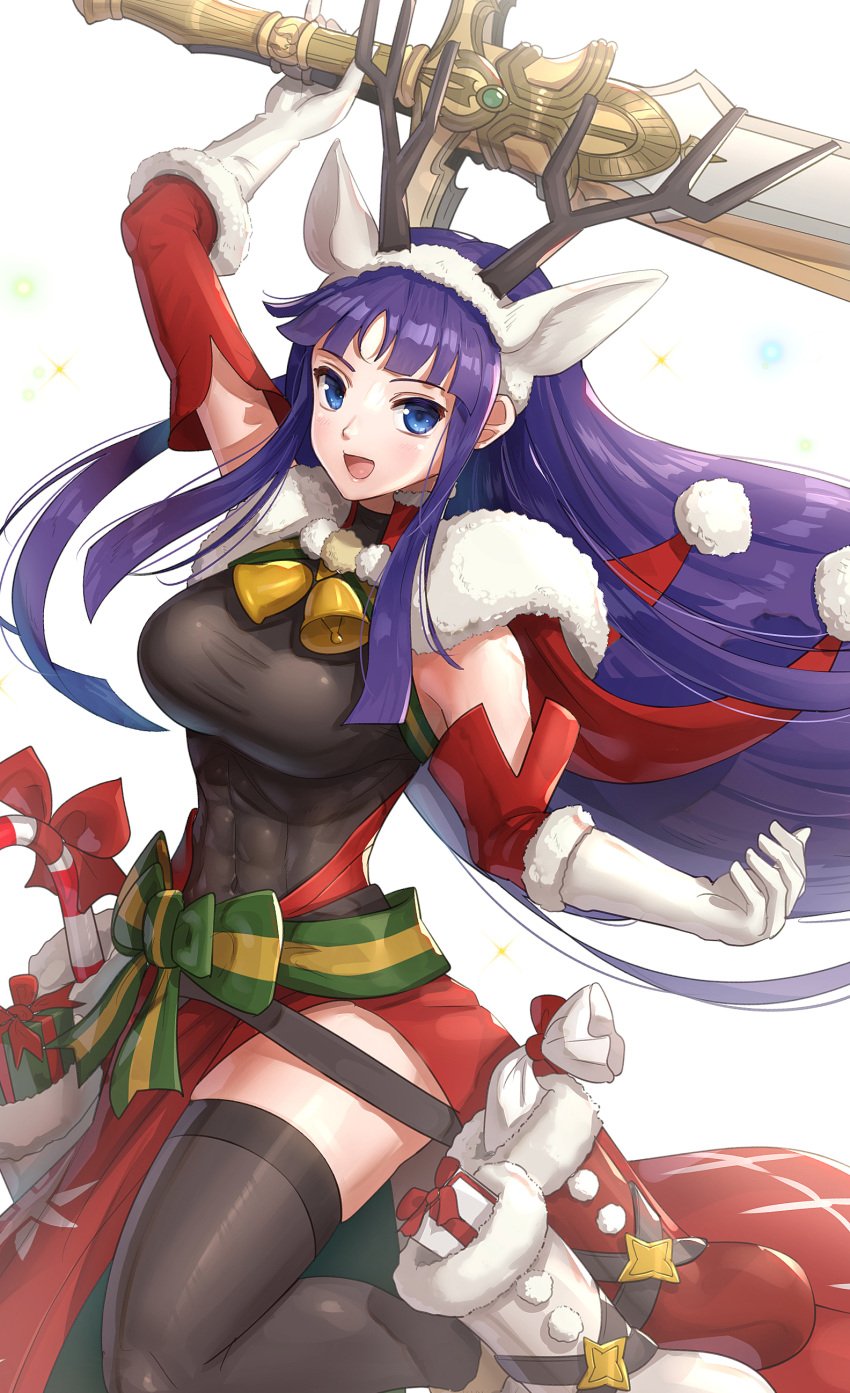 1girls :d abs absurdres alondite alternate_costume altina_(fire_emblem) altina_(winter)_(fire_emblem) animal_ears antlers bare_shoulders bare_thighs bell black_legwear blue_eyes boots box breasts candy candy_cane christmas covered_navel deer_ears fake_antlers female fire_emblem fire_emblem:_radiant_dawn fire_emblem_heroes food gift gift_box gloves gonzarez highres holding holding_sword holding_weapon huge_weapon large_breasts long_hair muscle nintendo open_mouth purple_hair ragnell_(fire_emblem) reindeer_antlers sack simple_background skin_tight smile solo solo_female sword thighhighs weapon white_background white_gloves zettai_ryouiki