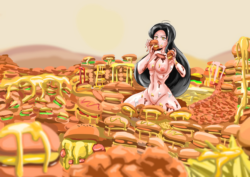 1girls black_hair breasts burger eating female female_only food food_stains hamburger junk_food long_hair messy_eating nipples nude open_mouth peeling_daifuku solo solo_female topless yellow_eyes