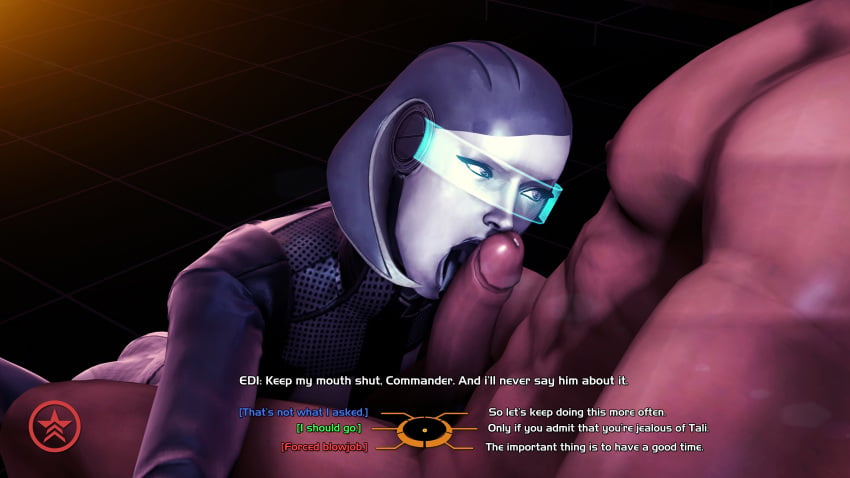 1boy 1girls 3d abs bioware blowjob blue-tinted_eyewear bodysuit catsuit commander_shepard cyborg dialogue edi fellatio female freemale human large_penis latex licking_penis lipstick male maleshep mass_effect mass_effect_3 muscular_male oral outercourse paizuri sex source_filmmaker technophilia text tinted_eyewear visor