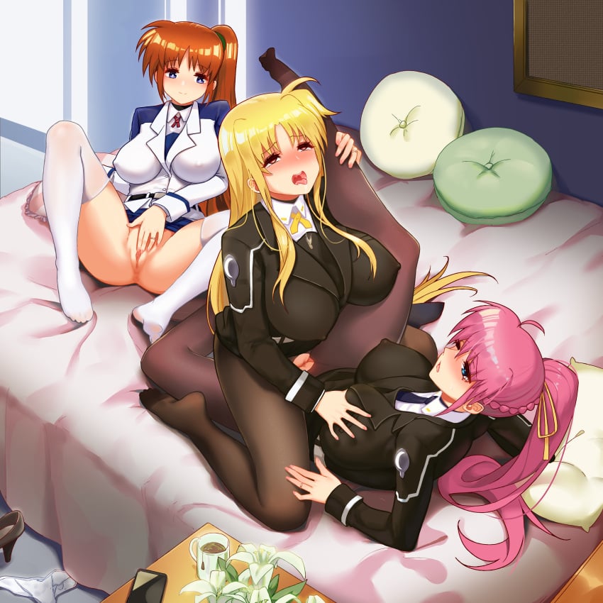 3girls ahegao black_stockings blonde_hair breast_grab breast_squeeze brown_eyes crotchless_pantyhose cucked_by_lesbian cuckquean fate_testarossa fingering_self holding_legs_up lyrical_nanoha masturbating_cuck masturbating_while_watching masturbation multiple_girls nanoha_takamachi netorare pantyhose pink_hair sex_through_clothes sharing_bed signum takamachi_nanoha thighhighs tribadism watching white_stockings yuri