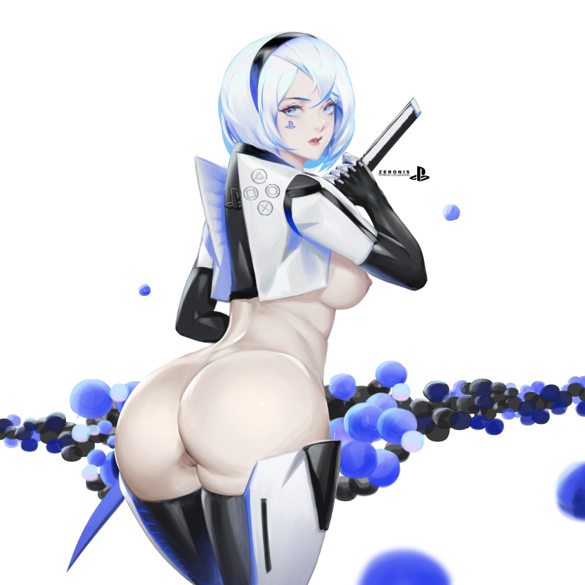 1girls ass blue_eyes breasts console-tan crossover dat_ass female female_only looking_at_viewer medium_hair nier:_automata playstation ps5-tan pussy solo sword thigh_boots weapon yorha_2b zeronis