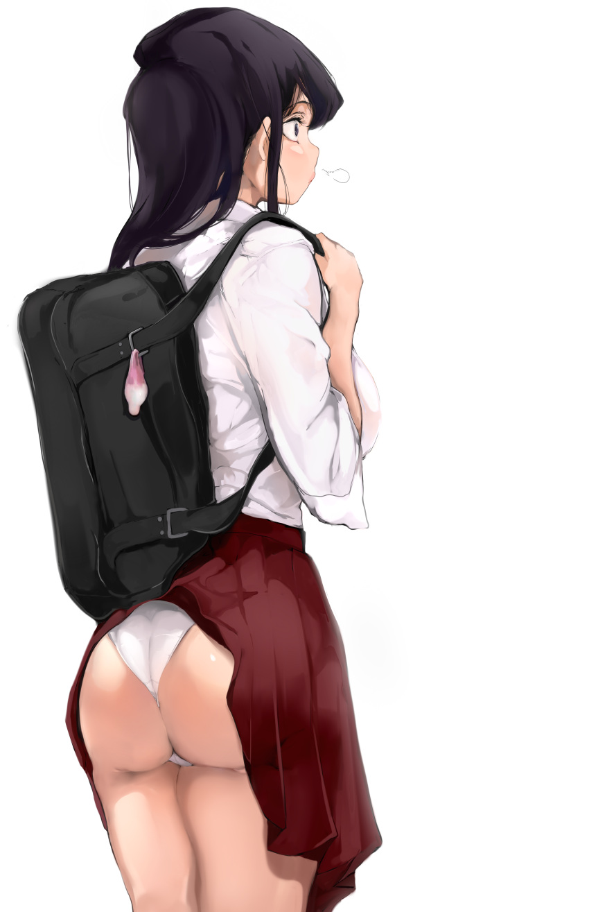 1girls after_school asian ass backpack bag black_eyes black_hair butt condom dark_blue_hair dat_ass female female_only filled_condom fringe from_behind grey_eyes highres komi-san_wa_komyushou_desu komi_shouko light-skinned_female light_skin long_hair mamimi_(mamamimi) pale-skinned_female panties petite pink_condom pleated_skirt purple_eyes purple_hair sanpaku school_uniform schoolgirl shirt skirt skirt_lift solo standing underwear used_condom white_background white_panties white_shirt