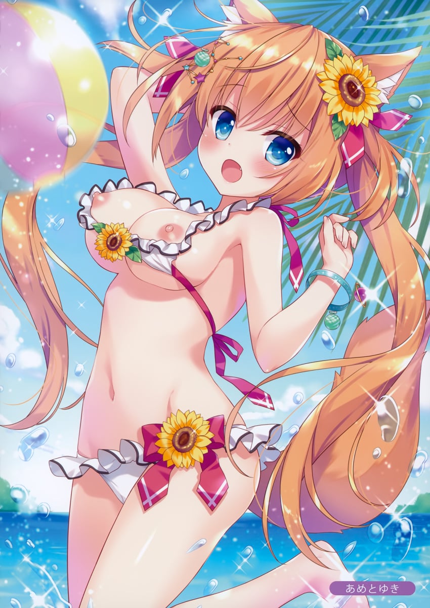 1girl ameto_yuki animal_ear_fluff animal_ears beach beachball bikini bikini_aside bikini_bottom bikini_top bikini_top_aside blonde_hair blue_sky blush breasts breasts_out exposed_breasts flower flower_hair_ornament fox_ears fox_girl fox_tail frilled_bikini frills hair_ornament hair_ribbon highres large_breasts looking_at_viewer nipple_slip nipples open_bikini original palm_leaf palm_tree sea small_but_busty tail tied_hair twintails