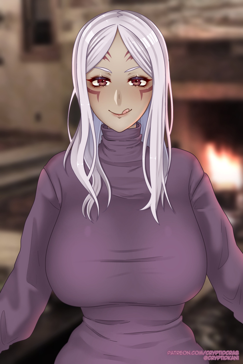 1girls aversa_(fire_emblem) big_breasts cryptid_crab dark-skinned_female dark_skin facial_mark fire_emblem fire_emblem_awakening huge_breasts large_breasts licking_lips looking_at_viewer medium_hair nintendo red_eyes silver_hair solo solo_female sweater