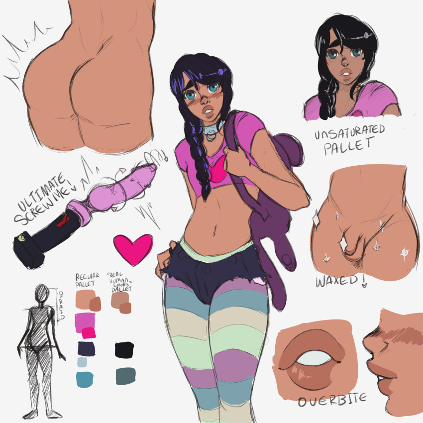 1boy 2020 ass black_hair blue_eyes braid brown_skin bulge collar color_palette crop_top cutoffs dark-skinned_femboy dark-skinned_male dark_skin femboy foppinarts fucking_machine gatz_(foppinarts) girly heart male male_only midriff midriff_baring_shirt navel original overbite penis reference_sheet sex_machine shaved_crotch short_shorts small_penis thighhighs waxed white_background