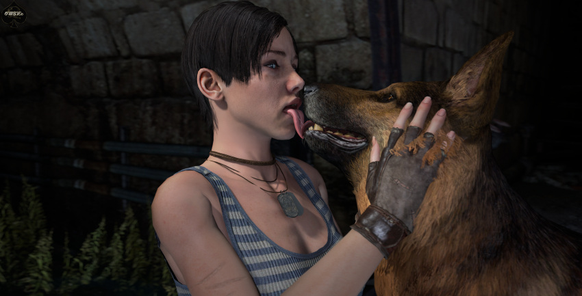 1boy 1girls 3d 3d_(artwork) anna_miller_(metro) black_hair blue_eyes breasts canine cleavage clothed clothed_female clothing deep_silver domestic_dog female female_kissing_feral feral feral_on_female french_kiss german_shepherd interspecies kissing light-skinned_female light_skin looking_at_partner male medium_breasts metro_(series) metro_exodus ombiec open_eyes open_mouth pale-skinned_female pale_skin realistic sfm short_hair source_filmmaker straight tongue tongue_kiss tongue_out white_body white_skin zoophilia