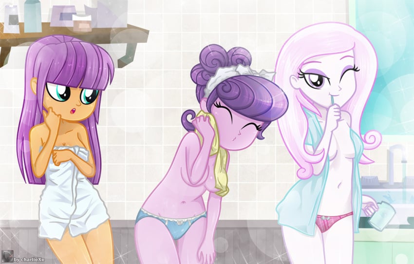 3girls bangs bathroom breasts brushing_teeth charliexe cleavage closed_eyes curly_hair equestria_girls eyeshadow female female_only fleur_de_lis_(eg) fleur_de_lis_(mlp) friendship_is_magic ginger_owlseye_(eg) green_eyes hair_bun hasbro multiple_girls my_little_pony navel open_clothes open_mouth open_shirt orange_skin panties partial_nudity partially_clothed pink_hair pink_skin purple_eyes purple_hair strategically_covered suri_polomare_(eg) suri_polomare_(mlp) toothbrush topless towel trio underwear white_skin wink