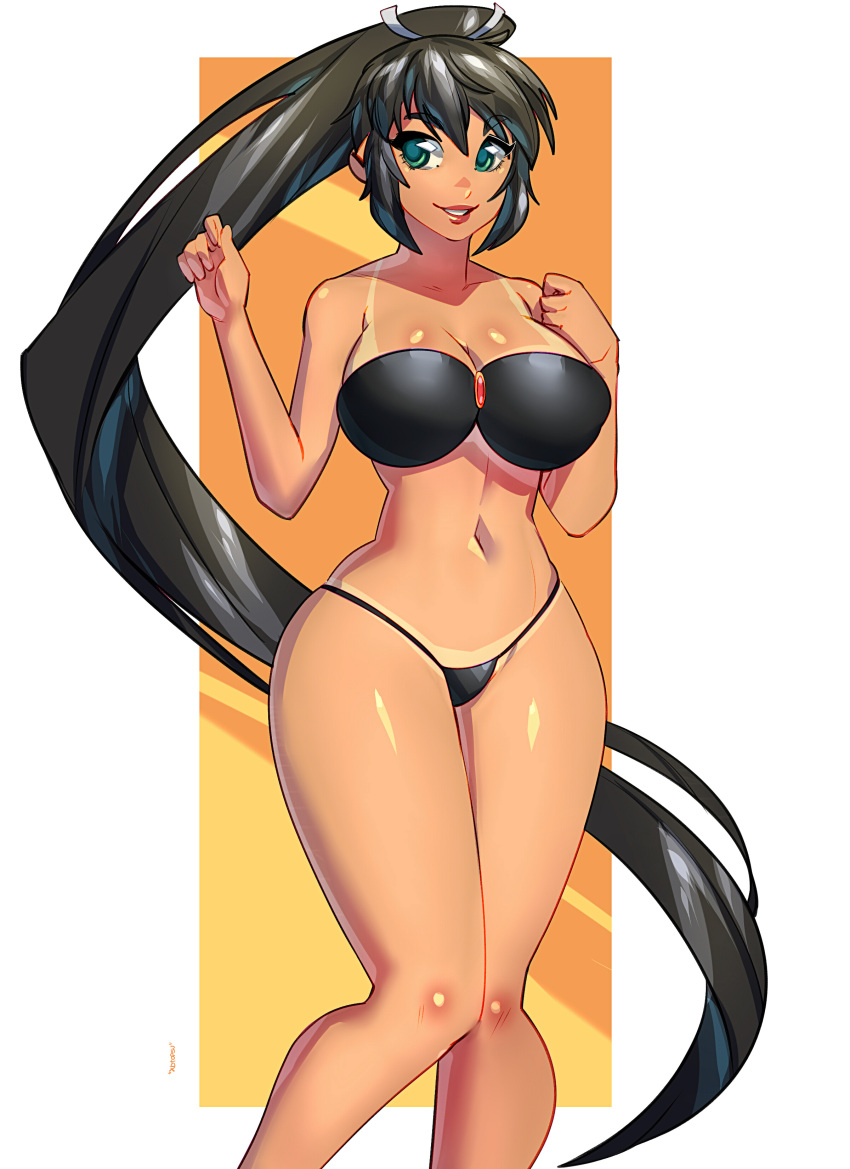 1girls big_breasts bikini black_bikini black_hair breasts cleavage female green_eyes hi_res homura_(senran_kagura) hourglass_figure navel pinup ponytail pose senran_kagura shiny_skin smile solo solo_focus standing tan tanline thick_thighs thin_waist very_long_hair wide_hips xdtopsu01