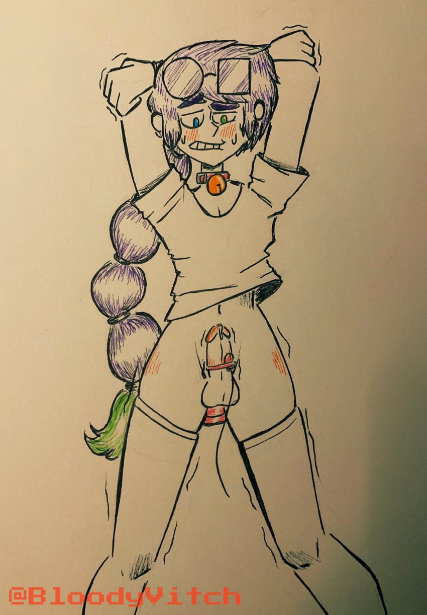 bondage braid braided_hair choker cum cumming cumming_from_vibrator cute ejaculation fnafhs fnafhs_z3ro hands_behind_head hands_tied hands_tied_back male masturbating masturbation owynn_(fnafhs) purple_green_hair shirt shirt_lift stockings trembling_penis