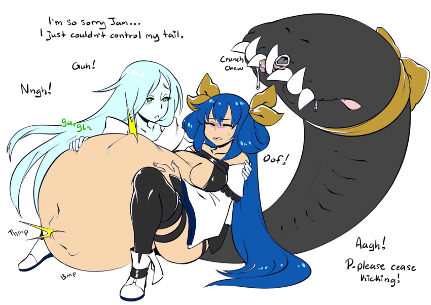 3girls big_belly big_breasts blue_hair blush cleavage digestion_noises dizzy_(guilty_gear) english_text female_only fetal_movement guilty_gear implied_vore kuradoberi_jam long_hair maw navel nyxondyx ribbons saliva tail tail_mouth tail_vore teeth undine_(guilty_gear) vore