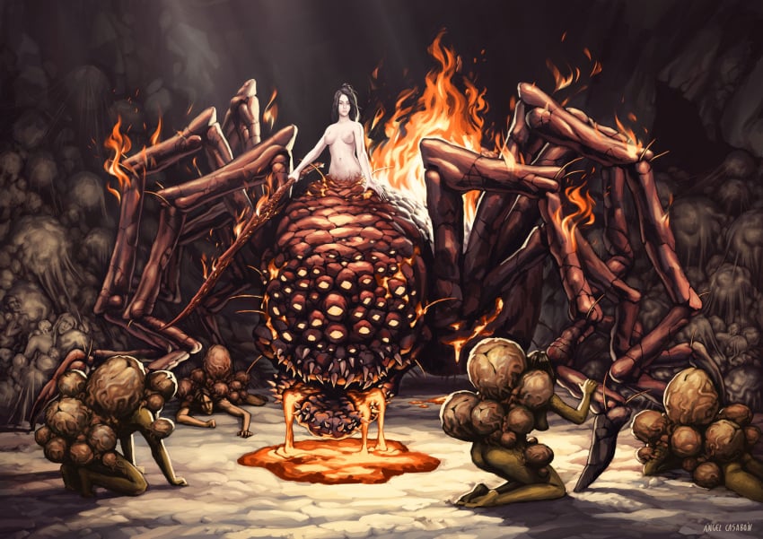 angel_casaban arachne brown_hair chaos_servants chaos_witch_quelaag dark_souls demon drider egg_carriers eggs fire fromsoftware green_skin lava magma medium_breasts monster monster_girl nude pale_skin red_eyes spider spider_web sword taur topless webbing