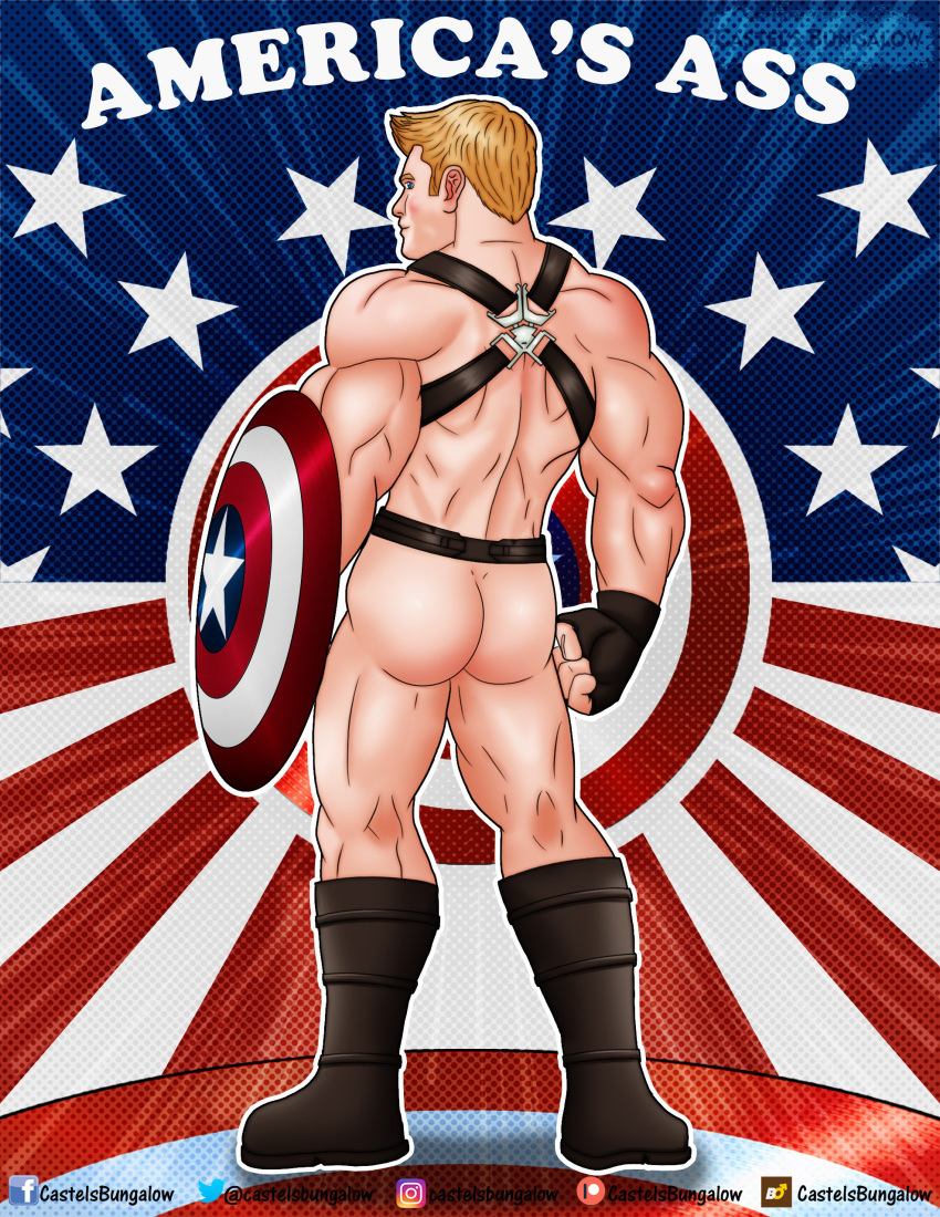 1boy ass biceps blonde_hair blue_eyes bondage captain_america castelsbungalow harness leather male male_only marvel muscular nude steve_rogers