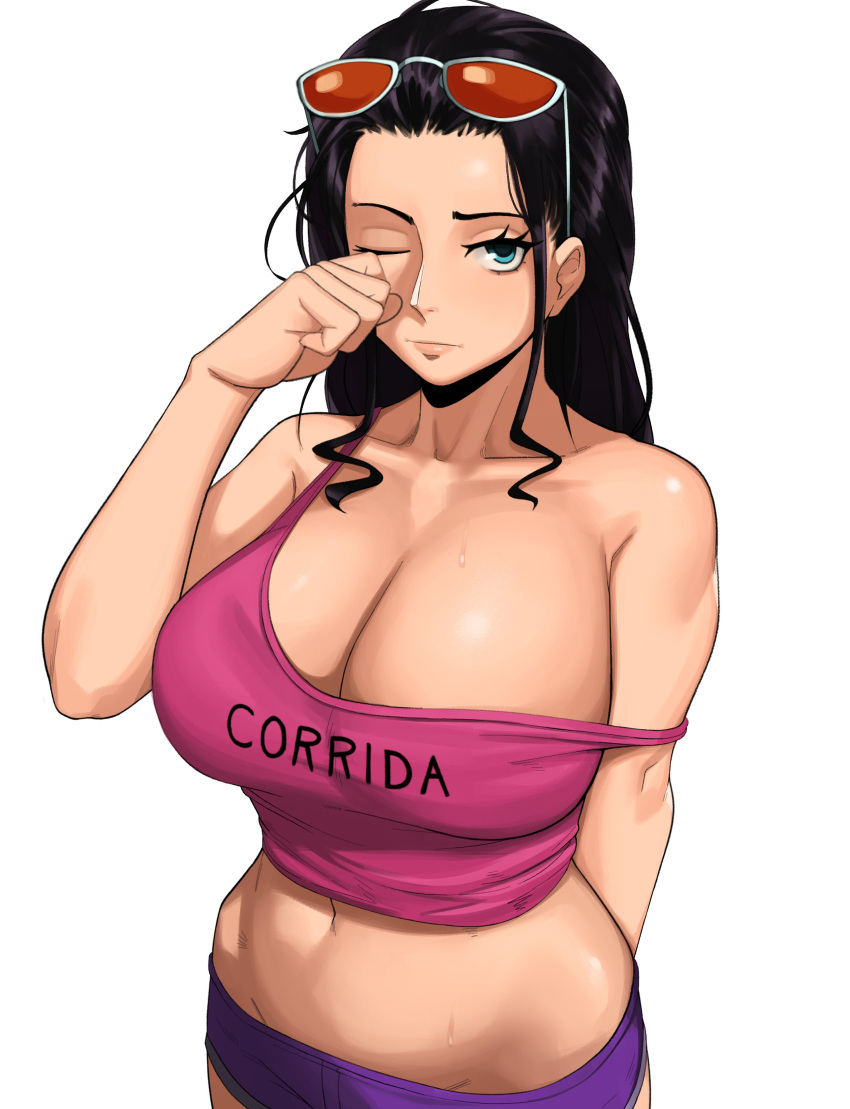 1girls belly_button big_breasts black_hair blue_eyes booty_shorts breasts cameltoe cleavage english_text eyelashes eyewear_on_head female female_focus female_only glasses_on_head hair huge_breasts kevbot large_breasts lips long_hair midriff nico_robin one_eye_closed one_piece pink_clothing pink_tank_top post-timeskip purple_clothing shorts sleepy solo solo_female standing strap_slip sunglasses sunglasses_on_head sweat tank_top text text_on_clothing waking_up white_background