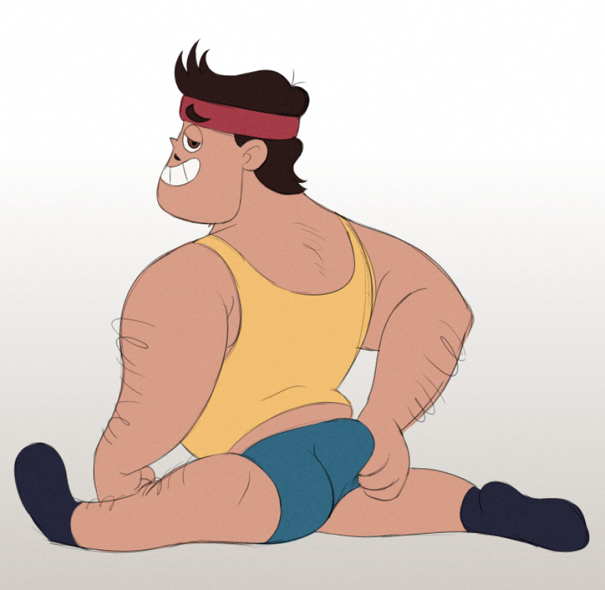 1boy body_hair brown_eyes brown_hair facial_hair grabbing_own_ass gym_clothes gym_shirt gym_shorts male male_only rafael_diaz solo solo_male split star_vs_the_forces_of_evil