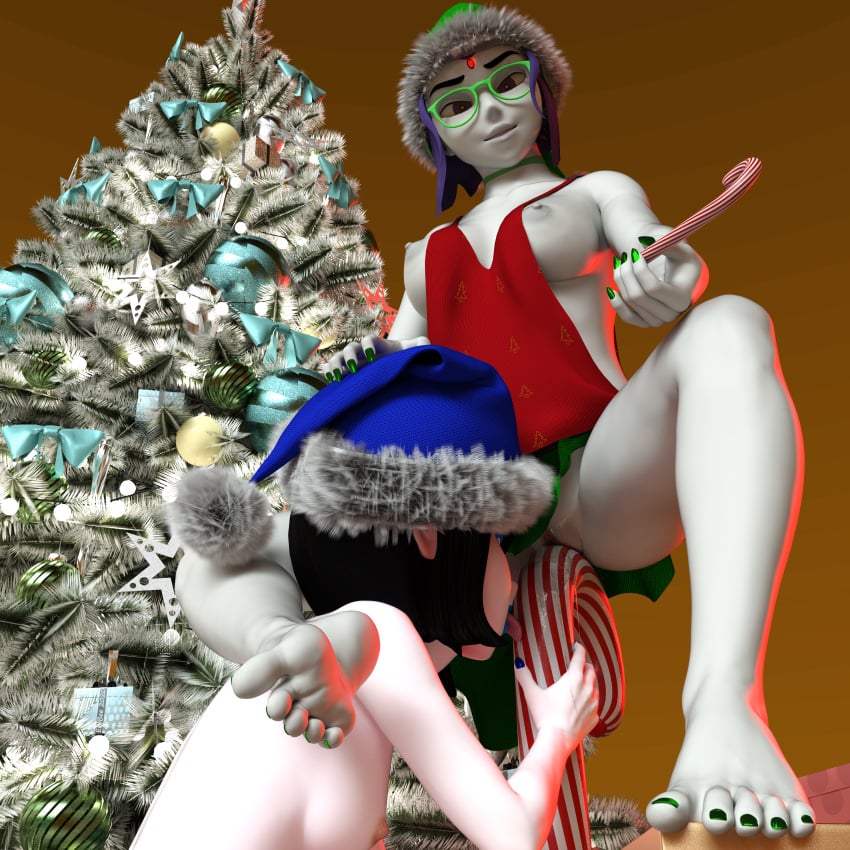 2girls 3d alternate_costume barefoot black_hair blue_nails breasts breasts_out candy candy_cane choker christmas christmas_hat christmas_outfit christmas_tree clothing clothing_aside crossover dc dc_comics errbee feet female female_domination female_only fingernails foot_fetish foot_focus glasses green_nails green_nipples hair happy hi_res hotel_transylvania legs licking light-skinned_female light_skin looking_at_viewer mavis_dracula medium_breasts nail_polish nipples no_panties no_underwear pale-skinned_female pale_skin purple_eyes purple_hair pussy rachel_roth raven_(dc) short_hair smile soles teen_titans toenail_polish toenails tongue tongue_out upskirt wet_pussy white_body