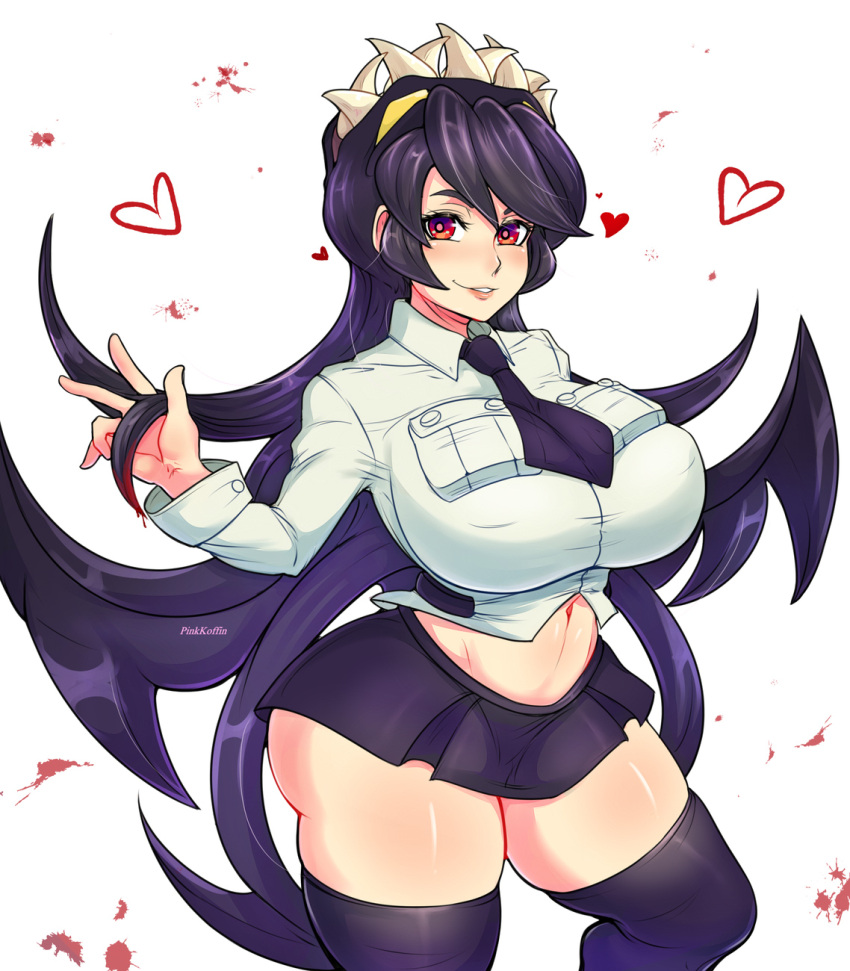 belly belly_button big_ass big_breasts big_thighs blood blood_in_hair blood_splatter blush filia_(skullgirls) happy heart huge_breasts large_breasts long_hair pinkkoffin red_eyes samson_(skullgirls) short_skirt skirt skullgirls smile teenage teenager thick thick_thighs thighhighs top_heavy voluptuous white_background wide_hips