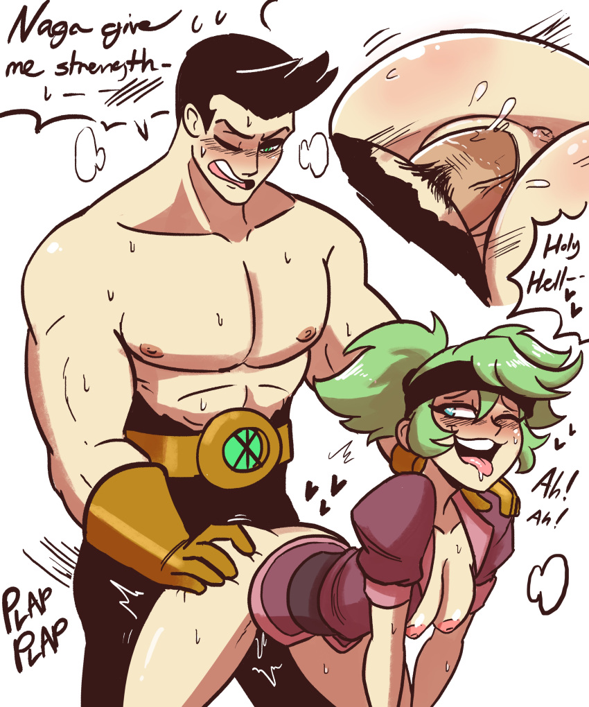 1boy 1girls ass ass_grab dialogue doggy_style green_hair heart-shaped_pupils indivisible kampan lab_zero_games looking_pleasured male naga_rider scruffyturtles sweat text tongue_out wince