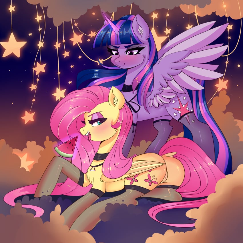 1:1 absurd_res alicorn ass blush clothing collar cutie_mark duo equid equine female feral fluttershy_(mlp) food friendship_is_magic fruit genitals hair hasbro hi_res horn legwear magic mammal melon my_little_pony outside pegasus pink_hair plant princess_twilight_sparkle_(mlp) purple_body pussy telekinesis thigh_highs twilight_sparkle_(mlp) watermelon wings xjenn9 yellow_body