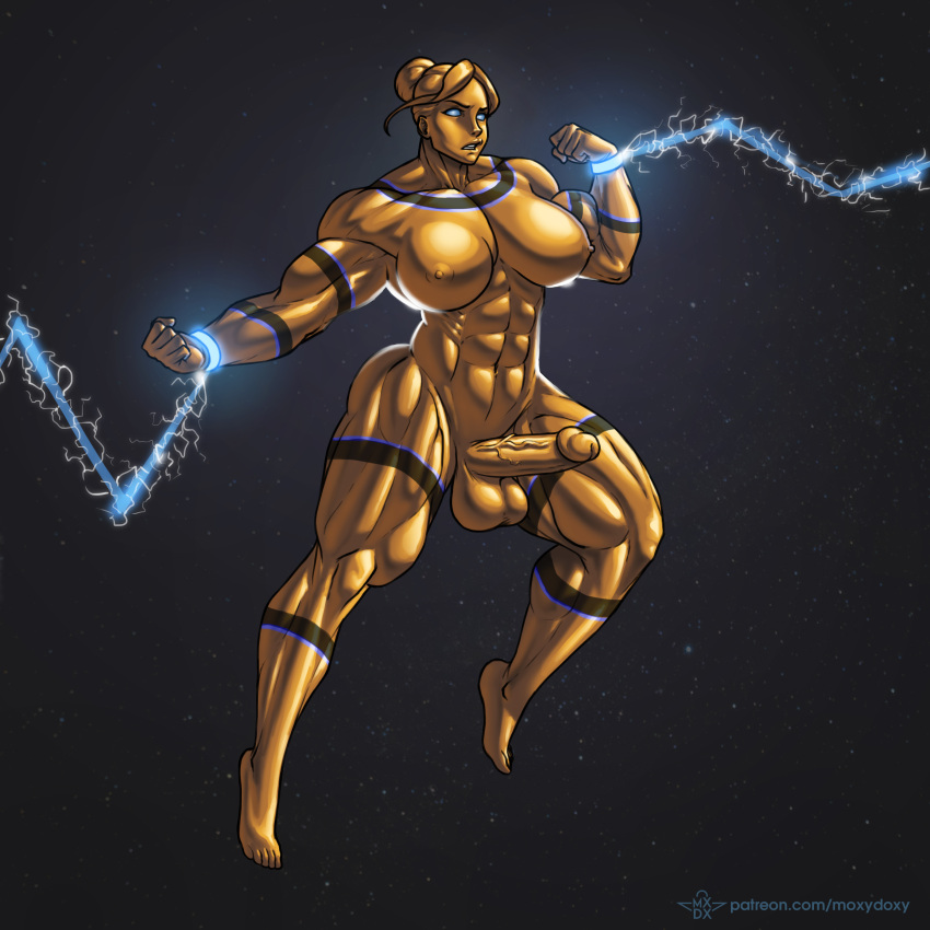 balls erection flexing floating flying futanari glowing_eyes goddess gold gold_skin metallic_body metallic_hair metallic_penis moxydoxy muscles muscular muscular_futanari outer_space restrained solo solo_futa space struggling veiny_penis