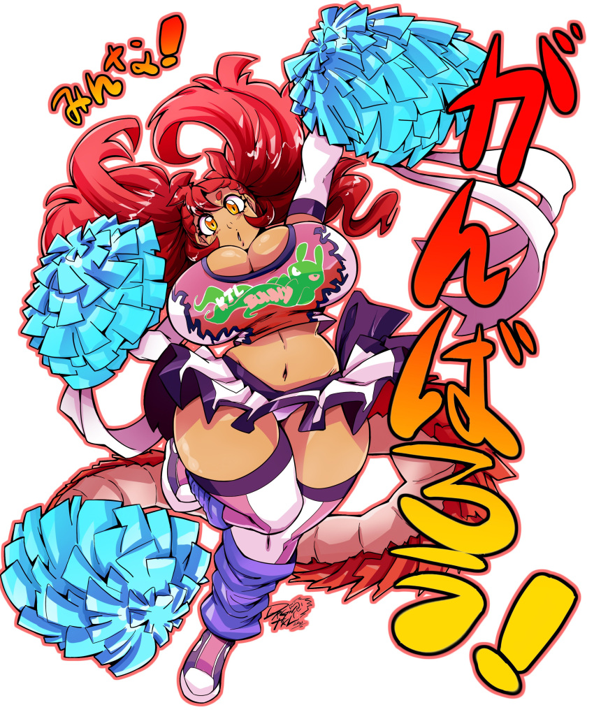 1girls absurd_res bare_shoulders breasts cheerleader clothes_lift curvy dark-skinned_female dark_skin dragon_tail dragoontequila full_body gloves highres jumping large_breasts looking_at_viewer monster_girl navel open_mouth original panties red_hair shoes simple_background skirt skirt_lift sneakers solo tail tequila_(dragoontequila) thighs translation_request twintails underwear yellow_eyes