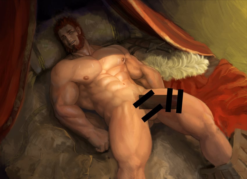 1boy abs absurdres ass_visible_through_thighs bar_censor bara beard bed boner cape cape_removed censored completely_nude dark-skinned_male dark_skin erection facial_hair fate/grand_order fate/zero fate_(series) feet_out_of_frame fur-trimmed_cape fur_trim highres iskandar_(fate) lying male_focus male_only muscle navel nipples nude on_back on_bed pectorals pillow precum red_cape red_eyes red_hair short_hair sleeping solo sweat thick_thighs thighs treesiming veins