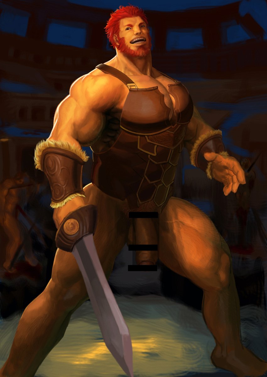 1boy absurdres armor bar_censor bara bare_shoulders beard bottomless bracer breastplate censored cleavage_cutout clothing_cutout colosseum dark-skinned_male dark_skin facial_hair fate/grand_order fate/zero fate_(series) feet_out_of_frame flaccid foreskin highres holding holding_sword holding_weapon iskandar_(fate) large_penis leather male_focus male_only muscles pectorals penis red_eyes red_hair short_hair solo sword thick_thighs thighs treesiming veins weapon