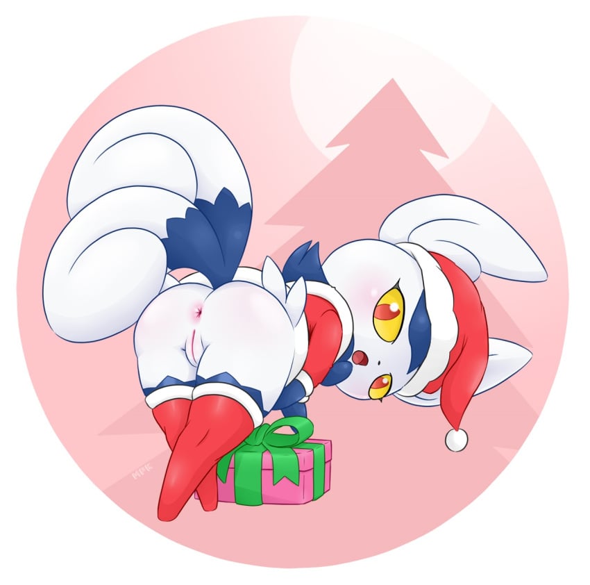 anus ass christmas christmas_clothing clothed clothing female feral fullfolka fur furry furry_only genitals hi_res holidays meowstic nintendo pok&eacute;mon_(species) pokemon pussy semi-anthro solo tail thick_thighs video_games