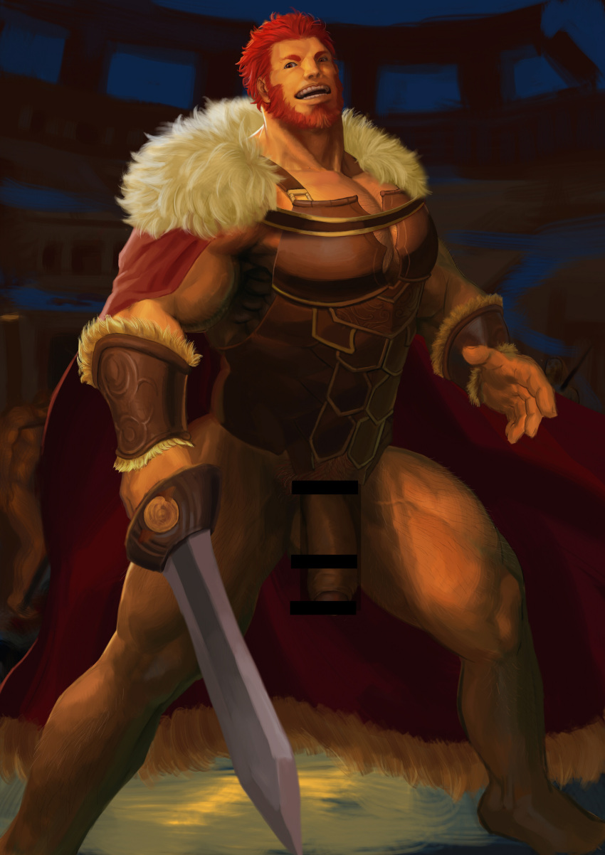 1boy absurdres armor bar_censor bara beard bottomless bracer breastplate cape censored cleavage_cutout clothing_cutout colosseum dark-skinned_male dark_skin facial_hair fate/grand_order fate/zero fate_(series) feet_out_of_frame flaccid foreskin fur-trimmed_cape fur_trim highres holding holding_sword holding_weapon iskandar_(fate) large_penis leather male_focus male_only muscles pectorals penis red_cape red_eyes red_hair short_hair solo sword thick_thighs thighs treesiming veins weapon