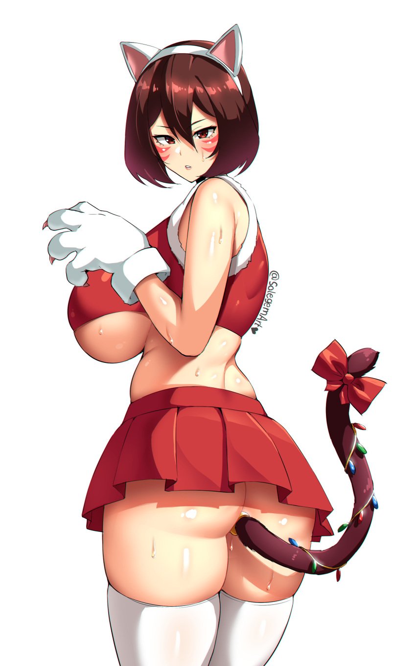 1girls anal_insertion animal_ears artist_signature ass big_ass big_breasts blush brown_eyes brown_hair buttplug buttplug_tail cat_ears cat_paws cat_tail christmas claws curvy_figure eye_contact female huge_breasts large_breasts looking_back mandalay medium_hair my_hero_academia no_panties object_insertion ribbon shino_sousaki skirt sole_gem solo standing sweat tail tail_plug thick_thighs thigh_gap thighhighs thighs tight_clothing white_background wild_wild_pussycats