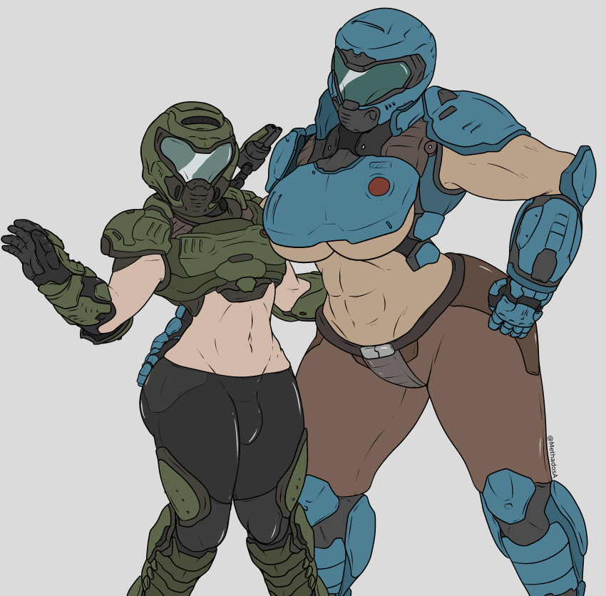 1boy 1girls abs big_breasts breasts bulge clothed clothing crash_(quake) crossover dark_skin doom doom_slayer_(doom) duo femboy human knees_together_feet_apart male male_focus methados mostly_clothed muscular muscular_female navel pale_skin penis quake size_difference smaller_male standing tomboy underboob