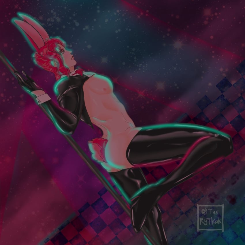 1boy abs ass bunny_boy bunny_ears bunny_tail bunnysuit buttplug buttplug_tail club expressionless high_heels jojo's_bizarre_adventure leather male_only muscular muscular_male noriaki_kakyoin partially_clothed pecs pole_dancing reverse_bunnysuit reverse_outfit side_view solo_male stardust_crusaders stripper stripper_pole stripping therytkak thigh_boots thighhighs toned toned_male