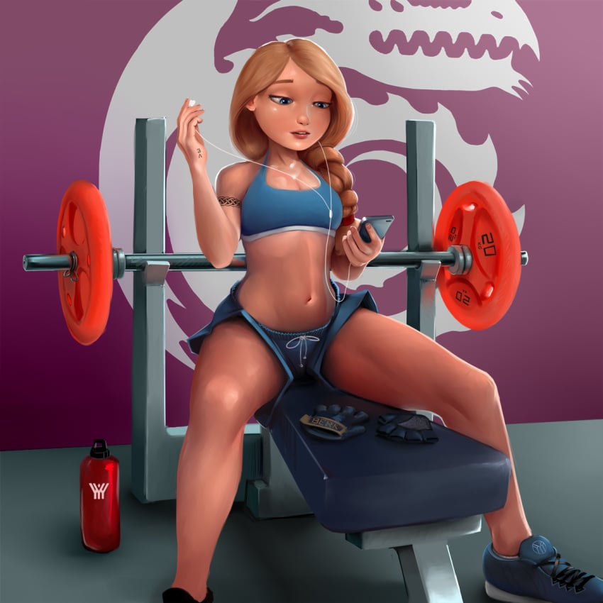 1girls astrid_hofferson blonde_hair blue_eyes bottle curvaceous curvy curvy_body curvy_female curvy_figure dreamworks female female_only gym headphones hourglass_figure how_to_train_your_dragon light-skinned_female light_skin phone shorts smartphone solo solo_female sportswear syyyn_(frostydude) tattoo thighs topwear voluptuous workout