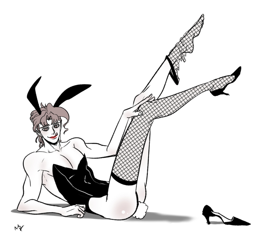 1boy bodysuit bunny_boy bunny_ears bunny_tail bunnysuit buttplug buttplug_tail crossdressing fishnet_stockings fishnets high_heels jojo's_bizarre_adventure laying_down legs_up leotard licking_lips looking_at_viewer male_only muscular muscular_male noriaki_kakyoin on_floor one_shoe pecs playboy_bunny solo_male stardust_crusaders thighhighs toned toned_male undressing