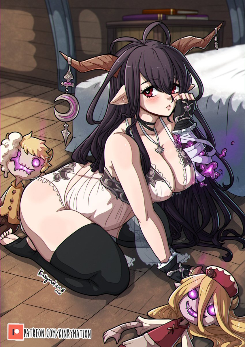 1girls areolae bandage barefoot black_hair black_legwear blush cleavage clothed clothed_female clothing danua draph draph_race_(granblue_fantasy) feet female female_only fingerless_gloves granblue_fantasy gretel_(granblue_fantasy) hansel_(granblue_fantasy) heart-shaped_pupils highres horns kinkymation kneeling legwear long_hair necklace nipples nipples_visible_through_clothing panties pointy_ears red_eyes soles solo solo_female stirrup_legwear thick_thighs thighhighs toeless_legwear toes vest