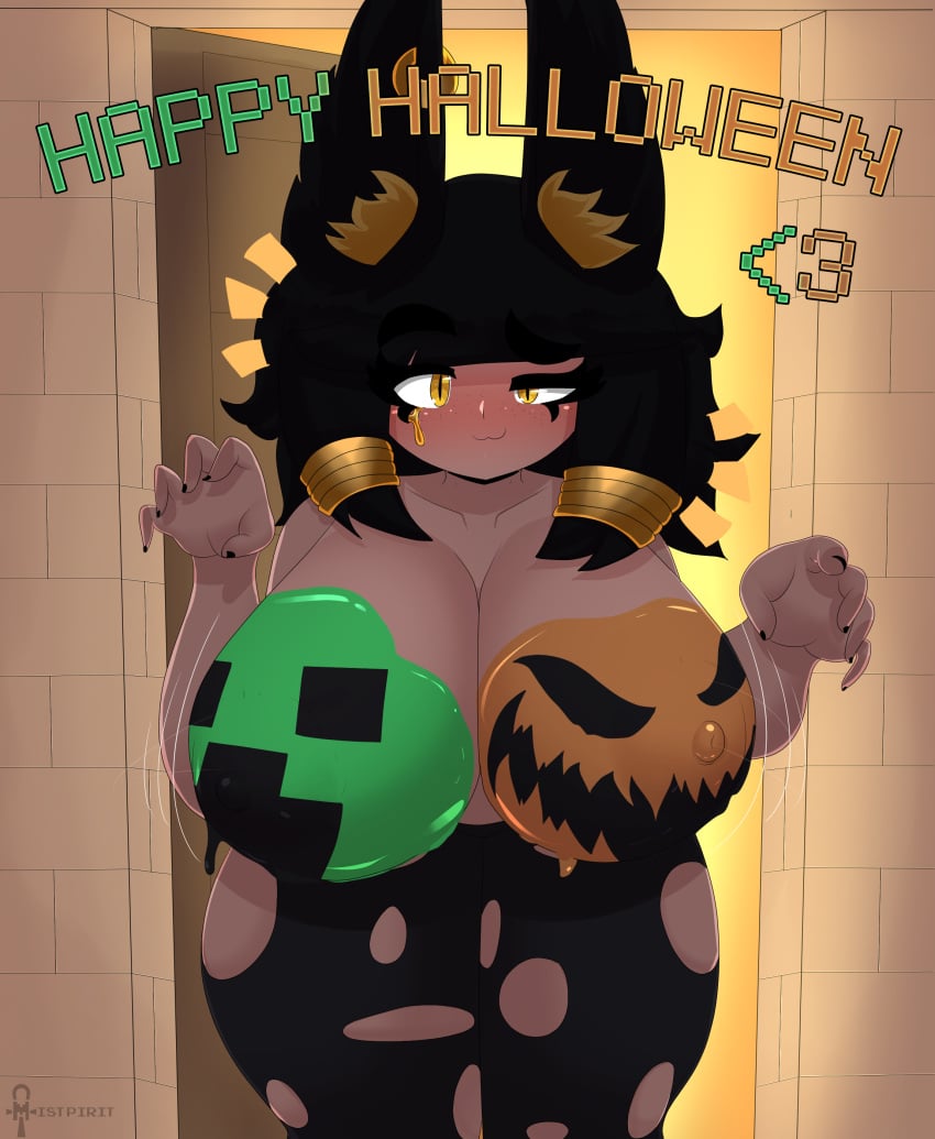 amelia-raevert amelia_raevert big_breasts breasts creeper english_text halloween mistpirit oc original_character paint pumpkin_boobs text