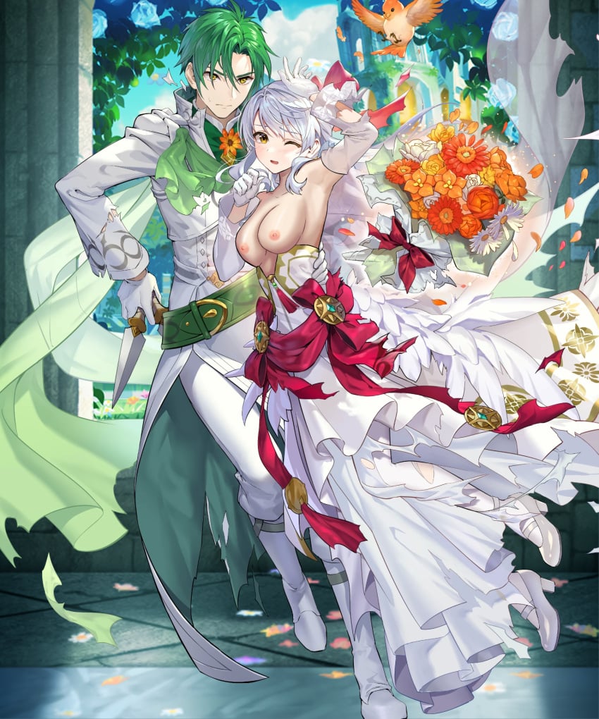 1boy 1girls big_breasts breasts breasts_out bride edit exposed_breasts fire_emblem fire_emblem:_radiant_dawn fire_emblem_heroes micaiah_(bridal)_(fire_emblem) micaiah_(fire_emblem) nintendo nipples nude_edit nude_filter official_art samuraijam34 silver_hair sothe_(fire_emblem) topless torn_clothes wedding_dress yellow_eyes