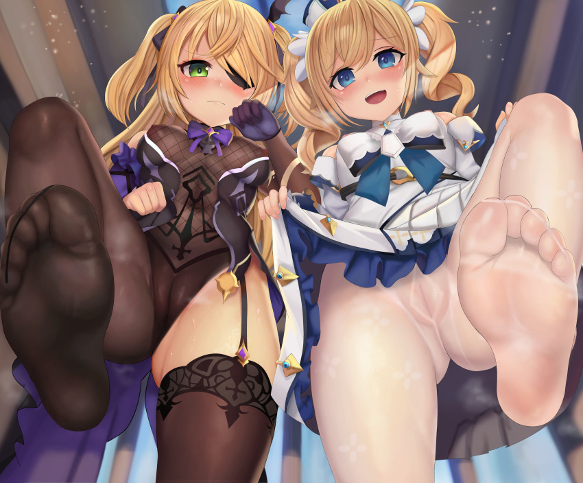 2girls absurd_res barbara_(genshin_impact) barefoot blonde_hair blue_eyes blush bottomless breasts clothing dress dress_lift embarrassed feet_up female females fischl_(genshin_impact) genshin_impact green_eyes hair_ribbon hat highres medium_breasts multiple_girls nipples no_shoes nun one_eye_covered pantyhose pussy rkrk12 short_twintails soles steam stockings sweat sweatdrop thighhighs tied_hair twintails very_high_quality very_high_resolution