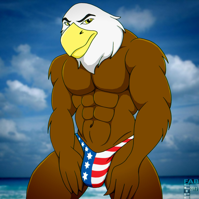 1:1 abs accipitrid accipitriform anthro avian bald_eagle biceps big_muscles biped bird brown_body brown_feathers bulge clothed clothing cloud digital_media_(artwork) eagle fabfelipe feathers flag_underwear looking_at_viewer male male_only muscular muscular_anthro muscular_male outside panties pecs photo_background pose sea_eagle seaside sky solo standing topless underwear white_body white_feathers yellow_eyes